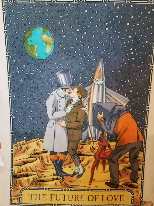 Retro-futurist drawing of two men in Victorian dress being photographed on the moon. They are kissing.